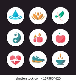 Elements of relaxation and well-being. Water drop icons, candles, sports shoe, lotus flower, leaves, ying yang, apple and healthy heart. Nice colors. Editable vector.