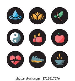 Elements of relaxation and well-being. Water drop icons, candles, sports shoe, lotus flower, leaves, ying yang, apple and healthy heart. Nice colors. Editable vector.