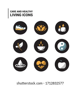 Elements Of Relaxation And Well-being. Water Drop Icons, Candles, Sports Shoe, Lotus Flower, Leaves, Ying Yang, Apple And Healthy Heart. Nice Colors. Editable Vector.