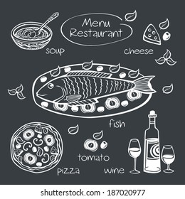 Elements for restaurant menu. Drawing with chalk on a blackboard. Vector illustration.
