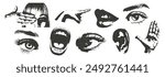 Elements for a retro grunge collage with a photocopy effect. Eyes, mouth, face, hand, ear with the effect of halftone strokes for design. Vector