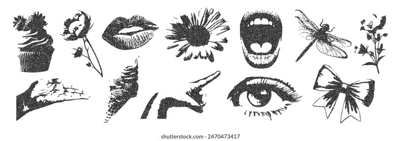  Elements with a retro photocopy effect. Eye, mouth, hand, cupcake, dragonfly, dried flowers, ice cream in halftone strokes for the design of Y2K collages. Vector illustration.