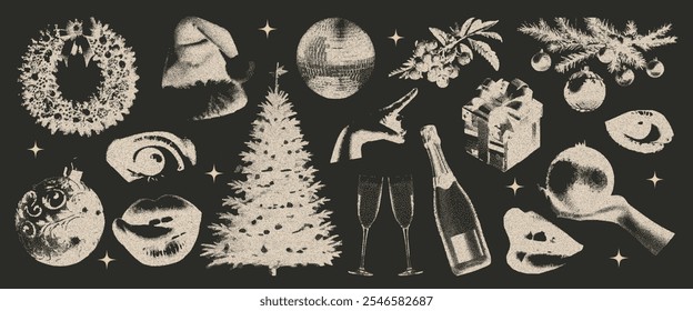 Elements of a retro-style Christmas collage are photocopies. grunge and glamour with vintage photocopy texture. A set of grunge graphics of hands, champagne, eyes, disco ball, Christmas tree. Vector.