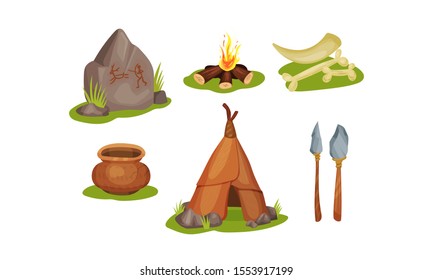 Elements Of The Routine Life Of Stone Age People Vector Illustrations Isolated On White Background
