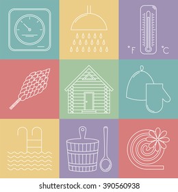 Elements of Russian banya. Sauna icons set. Vector illustration.