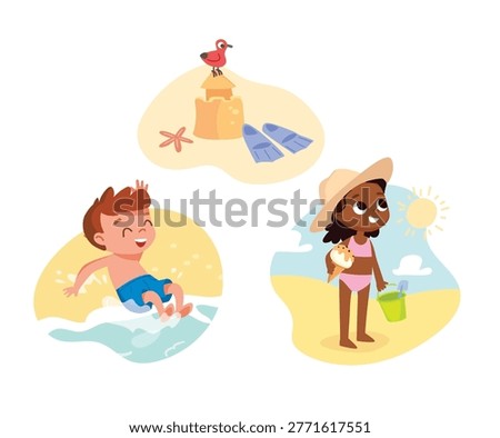 Elements and scenes  of Beach holiday routine, pastimes, moments, vector illustrations. Kids on holiday spend their day off resting, enjoying nature, and doing activities on a summer day on the beach during the summer holidays.