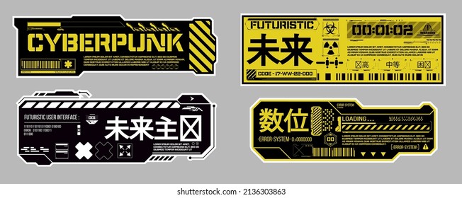 Elements, science fiction stickers for futuristic design. Sticker for a T-shirt, a product, poster, a leaflet, clothes and so on.  Abstract HUD frame screen. Translation: "Future , Digital, Futurism"