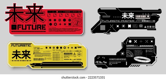 Elements, science fiction stickers for futuristic design. Sticker for a T-shirt, a product, poster, a leaflet, clothes and so on. Abstract HUD frame screen. Translation: "Future" t-shirt in HUD style