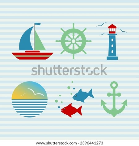 Elements of sea adventures. Ship, anchor, lighthouse, waves, ship's wheel. Vector illustration.