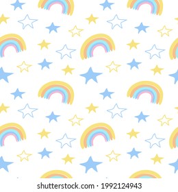 Elements seamless pattern. Rainbow and stars. Delicate children's palette is suitable for very young children. Suitable for decorating textiles, packaging.