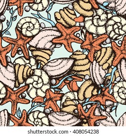 Elements of the seaside: shells, starfish , mussels, snails. Seamless pattern