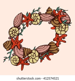 Elements of the seaside: shells, starfish , mussels, snails