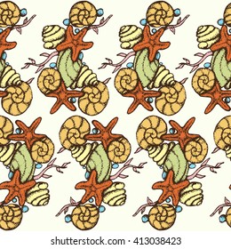 Elements of the seaside: shells, starfish , mussels, snails. Seamless pattern. Vector pattern