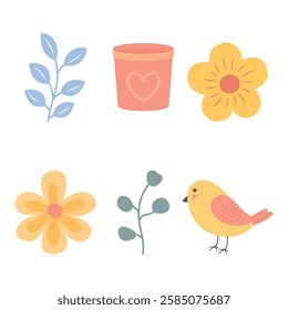 Elements Set of Bird with Blossom Natural Flower Floral Botany and Pot in the Garden