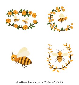 Elements Set of Honeybee Bee Insect Animal Flying with Yellow Flower Crown