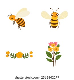 Elements Set of Honeybee Bee Insect Animal with Flower Plant