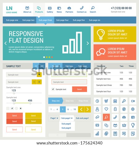 Elements set for the responsive web site. Flat design.