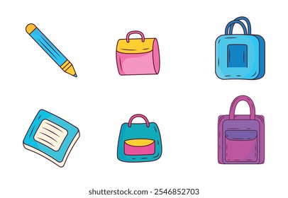 Elements Set of School Stationery Tool and Equipment with Book Pencil Bag