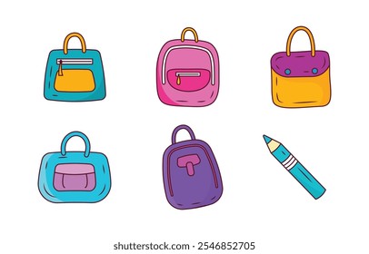 Elements Set of School Stationery Tool and Equipment with Pencil Pen Bag