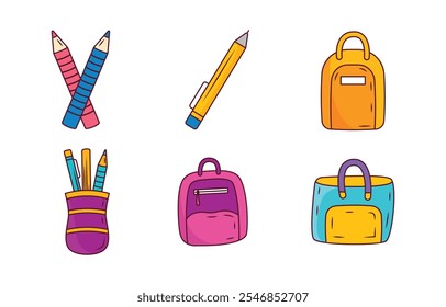 Elements Set of School Stationery Tool and Equipment with Pencil Pen Bag