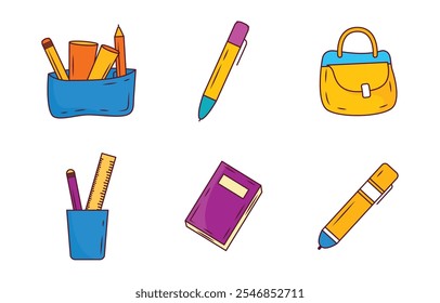 Elements Set of School Stationery Tool and Equipment with Book Pencil Bag