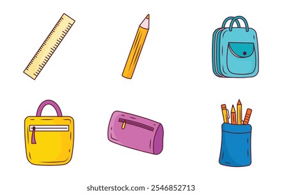 Elements Set of School Stationery Tool and Equipment with Pencil Pen Bag