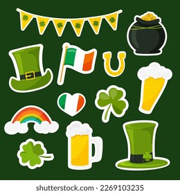 Elements set for St Patrick Day. Beer, rainbow, flag of Ireland, clover, hat and bunting garland. Vector stickers set.