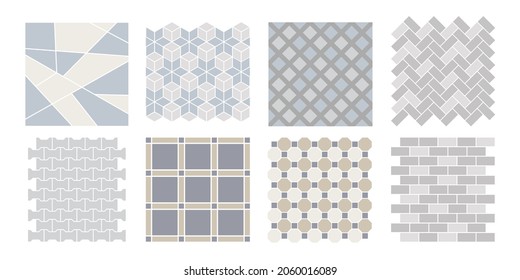 Elements set of street pavements, brick, architectural. Top view. Collection of pavement textures. Paving stone pattern for plan, garden, game, map, landscape design. Rock stones. Vector