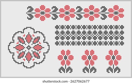 Conjunto de Elementos de adornos tradicionales rojos y negros del sur de Ucrania con patrones de bordados florales