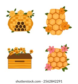 Elements Set of Yellow Honeycomb Honey Bee Home House with Flower Floral Plant