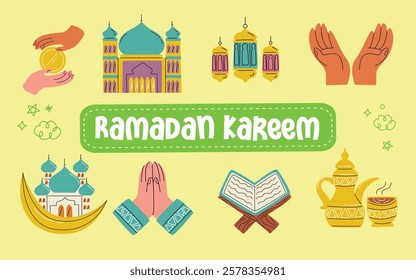 Elements and several activity icons in the month of Ramadan.