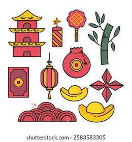 elements of several Chinese celebration vectors, bamboo lanterns, pinwheel charms