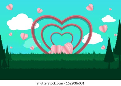 elements shape of heart  on grass fields  gradient background and Free space for Text.