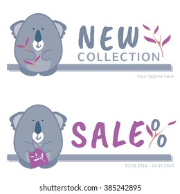 Elements for shop design. Flat koala with branch and leaves. New collection and sale emblem, logo, logotype, label, brand, trademark, banners for trade, shop, retail, market, store. Ecology colors