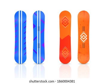 Elements for ski resort picture, mountain activities. Winter sport icons of snowboard. Set of different snowboards are ready for your design isolated on white background. Vector illustration, eps 10.