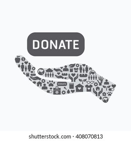Elements are small icons charity and donation on silhouette hand shape.Vector illustration. concept