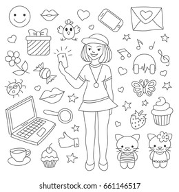 Elements for social networks in the style of doodle. Vector illustration. For teenage girls.