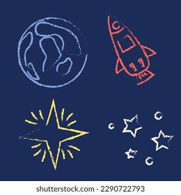 elements of space, planet, stars, first star, rocket