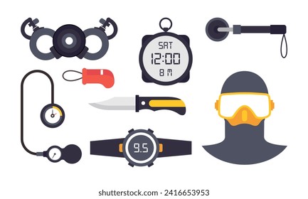 Elements for spearfishing diving underwater protective sea diver equipment vector professional hunte