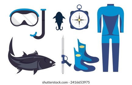 Elements for spearfishing diving underwater protective sea diver equipment vector professional hunte