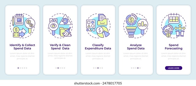 Elements of spend strategy onboarding mobile app screen. Walkthrough 5 steps editable graphic instructions with linear concepts. UI, UX, GUI template