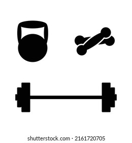 Elements of sports equipment for weightlifting. Dumbbells, kettlebell and barbell for strength training and competition in weight lifting. Flat graphic style icons