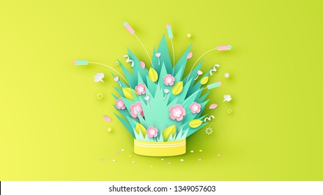 Elements of Spring decorate with firework, flower, leaves and petal float up from firework box. Graphic design for Spring festival. paper cut and craft style. vector, illustration.