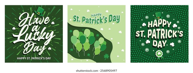 Elements St. Patrick on a green background. Saint Patrick's Day celebration with balloons. Celebration of Saint Patrick's Day, March 17. St. Patrick's Day concept. Set flat vector illustration.