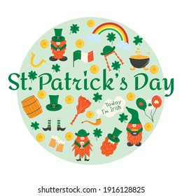 Elements for St. Patrick s Day. Set with leprechauns, horseshoe, clover, beer, barrel, beards, golden pot, rainbow. Cartoon illustration for pub invitation, t-shirt design, card, decor