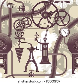 Elements of a steam engine. Steampunk styled seamless vector pattern.