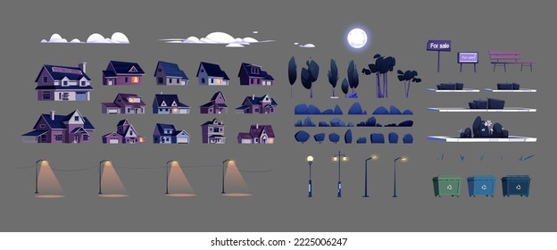 Elementos del paisaje nocturno de las calles suburbanas con casas, árboles, basureros, linternas, luna llena y nubes. Edificios de barrio de aldeas o suburbios, parterres de flores, arbustos, banco, conjunto de dibujos animados vectores