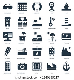 Elements Such As Anchor, ski, Hotel, Photo camera, Smartphone, Panel, Terrace, Backpack, Ice cream, Lifesaver, Calendar icon vector illustration on white background. Universal 25 icons set.