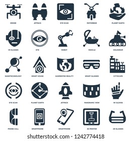 Elements Such As Ar glasses, Cityscape, Hologram, Jetpack, Phone call, Eye, Panoramic view, Nanotechnology icon vector illustration on white background. Universal 25 icons set.