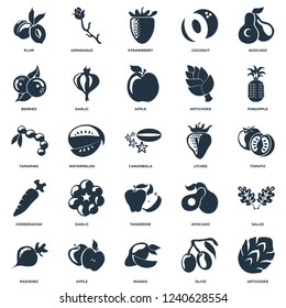 Elements Such As Artichoke, Tomato, Pineapple, Asparagus, Radishes, Garlic, Avocado, Tamarind icon vector illustration on white background. Universal 25 icons set.
